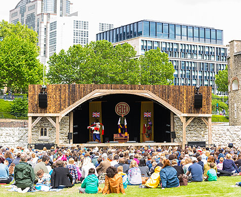 8m arc roof stage dressed as medieval set for Horrible Histories at the Tower of London